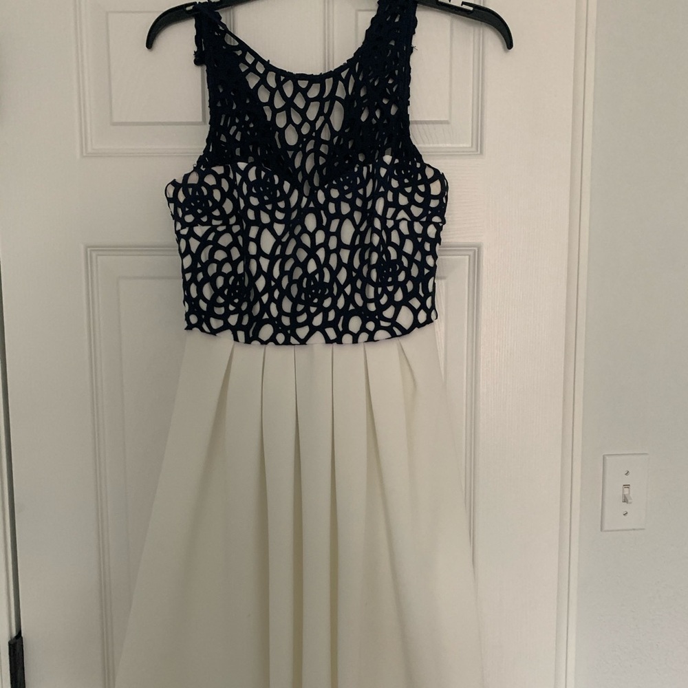 Mid-length white/navy blue prom dress